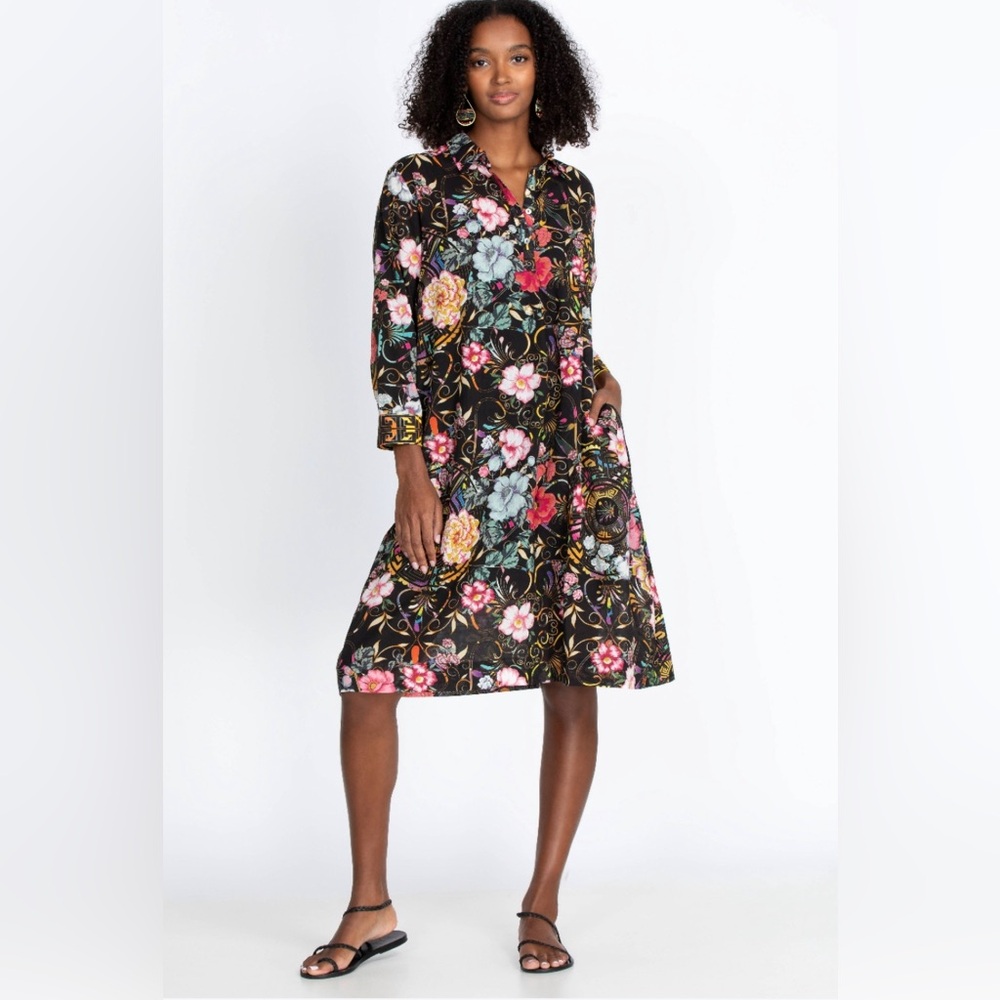 Johnny Was Peace Henley Dress Black Floral. Size Medium. Pre-owned